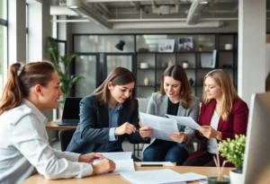 A team collaborating on press release strategies in an office setting.