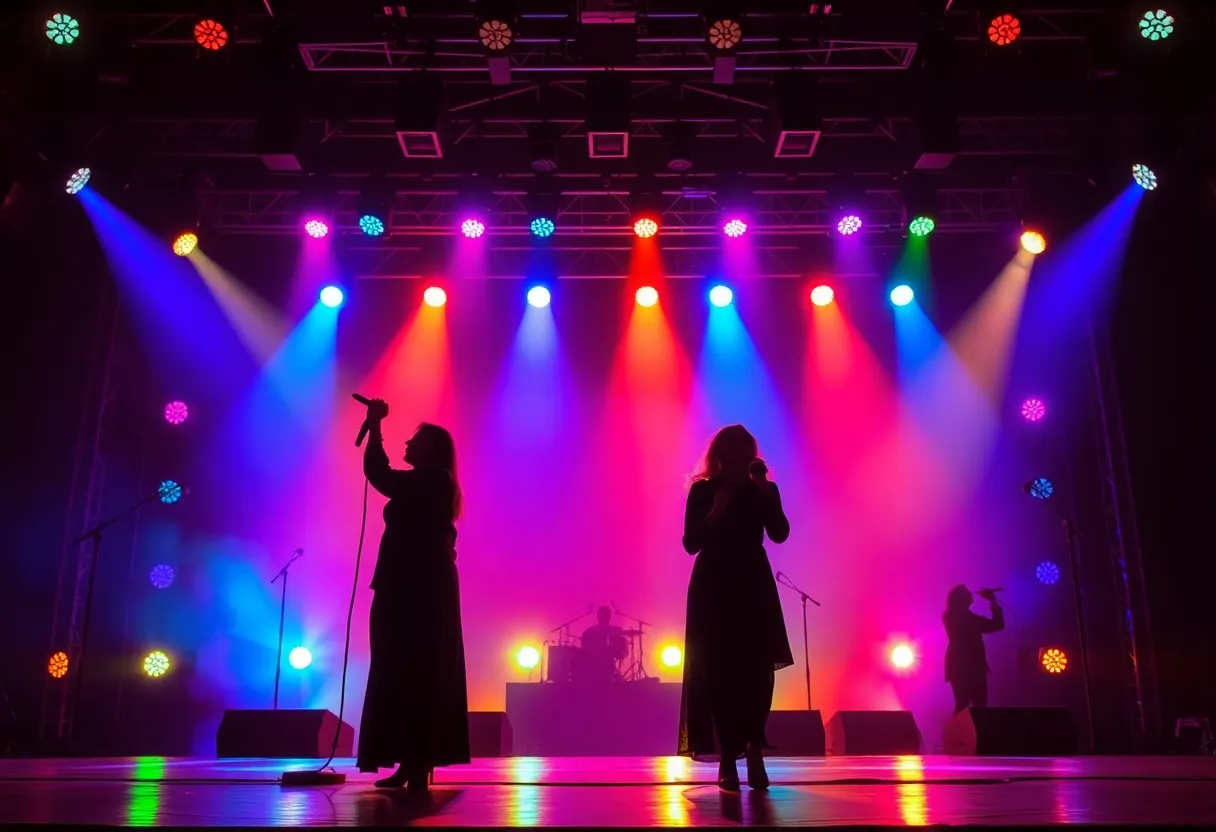Concert stage with colorful lights featuring legendary female artists
