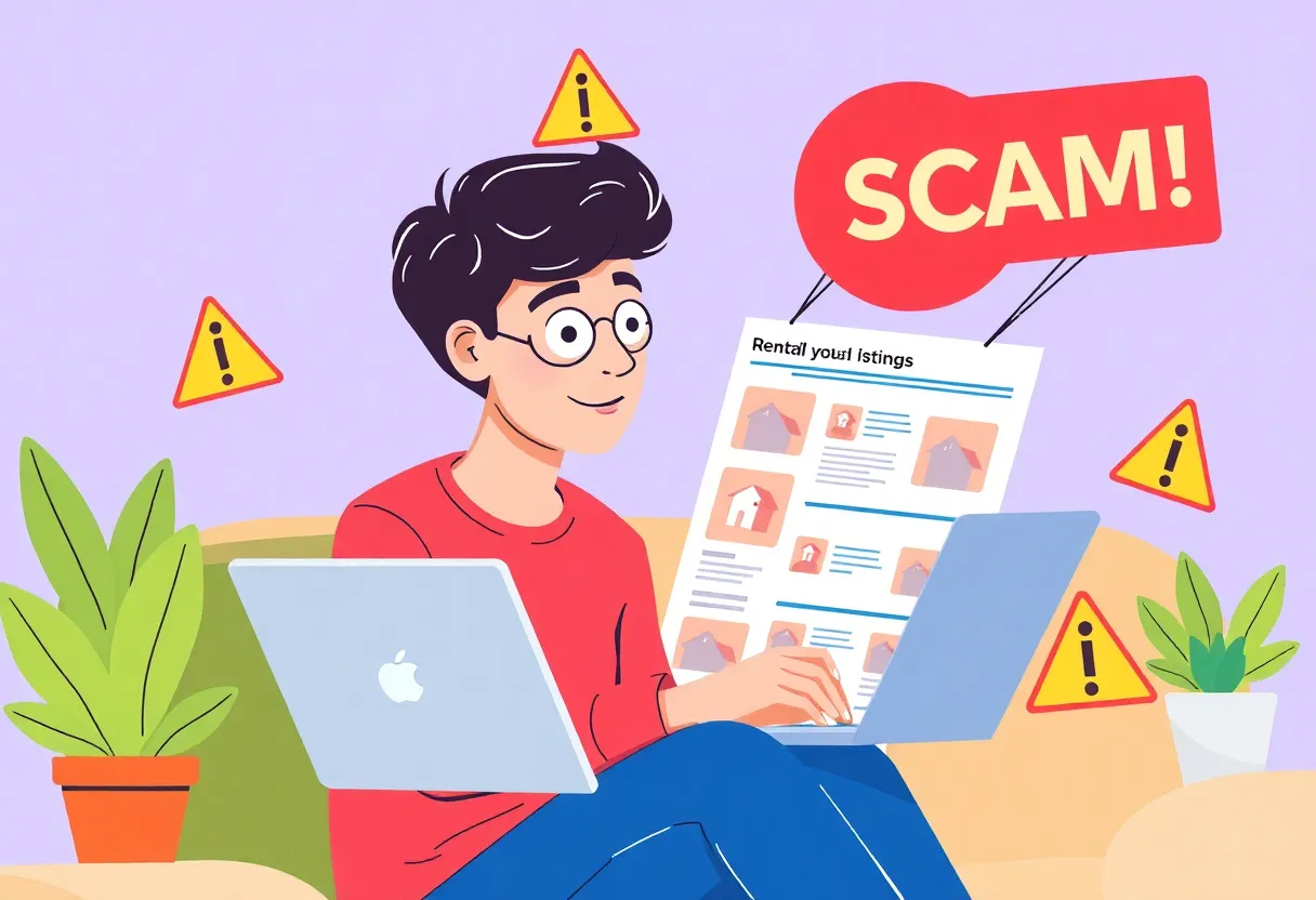 Young adult researching rental listings while being cautious of scams.