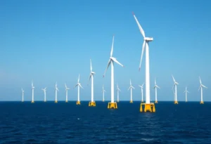 Offshore wind turbines in the ocean under a blue sky.