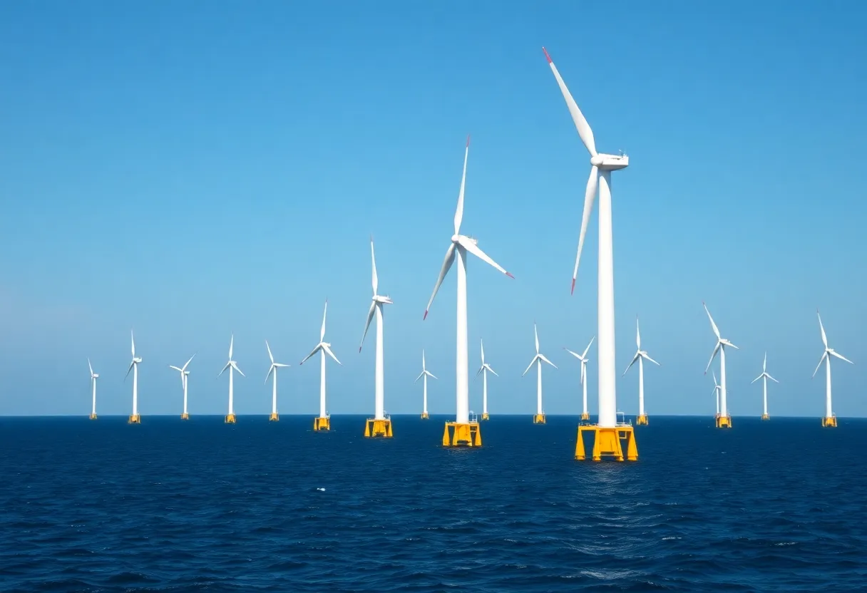 Offshore wind turbines in the ocean under a blue sky.