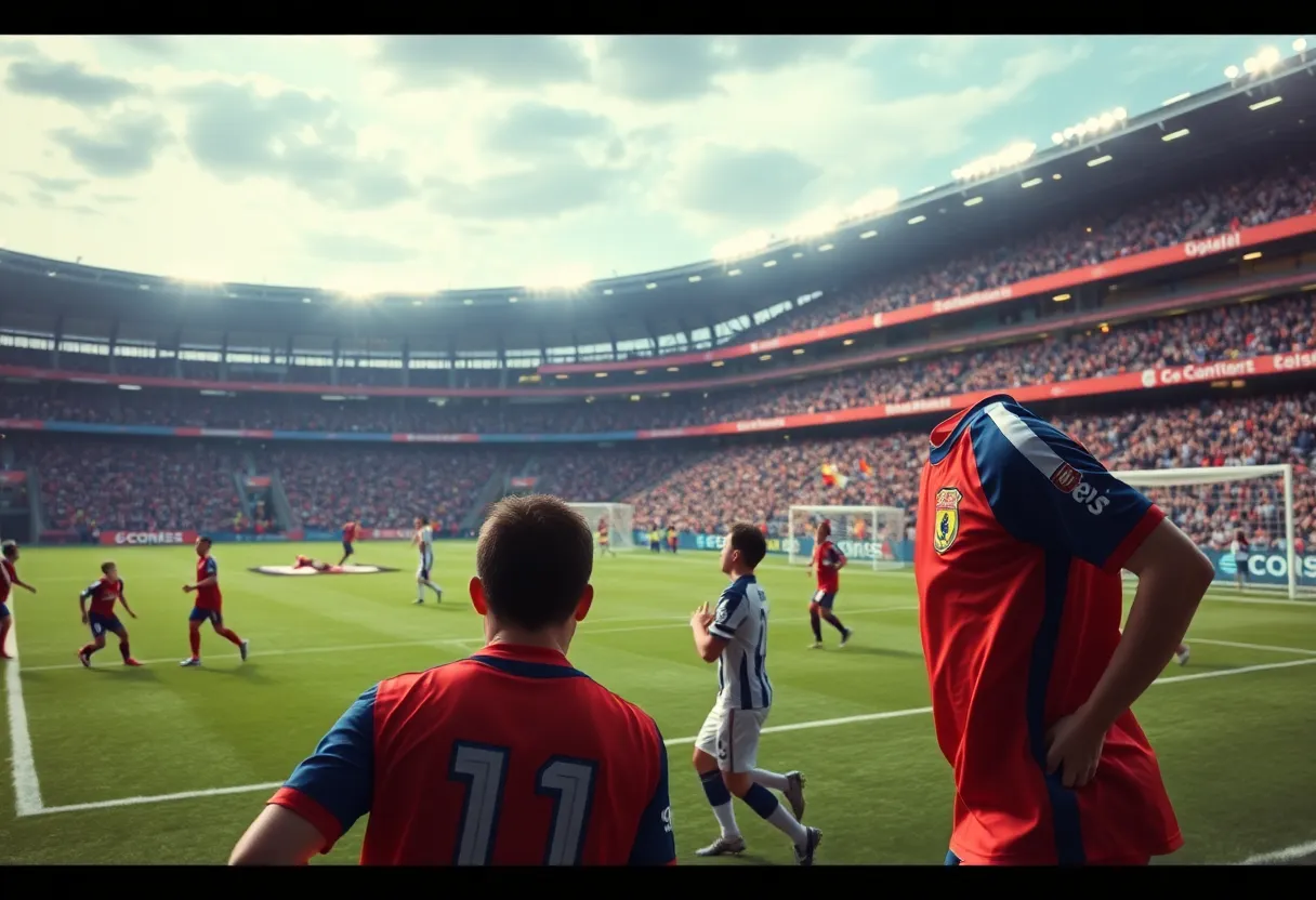 Soccer stadium with players in action during a match.