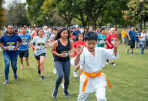 Participants at the Rising Sun 5K engaging in a warm-up and activities