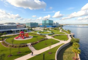 Riverfront Plaza Park with vibrant amenities and the St. Johns River