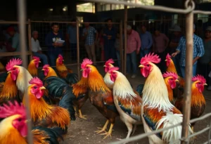 Law enforcement officers raiding an illegal rooster fighting operation