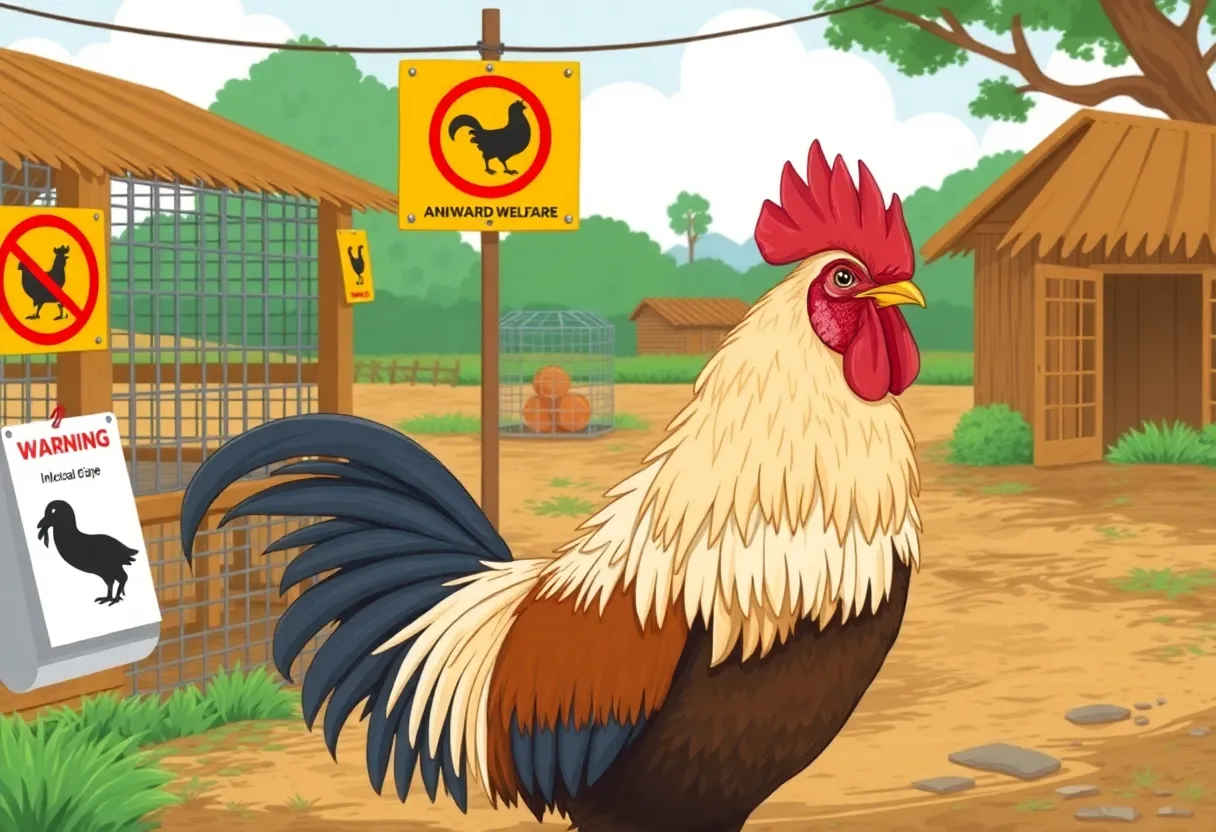 Illustration of a rooster with signs against illegal rooster fighting