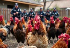 Roosters seen during an illegal fighting ring investigation.