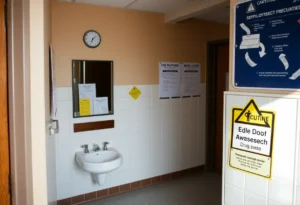 Employee-only bathroom in a school environment highlighting safety concerns.