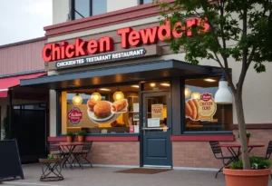 Exterior view of Saucy! by KFC in St. Johns, showcasing outdoor seating and vibrant signage.