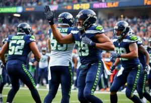 Seattle Seahawks defensive players celebrating a pivotal moment during the game.