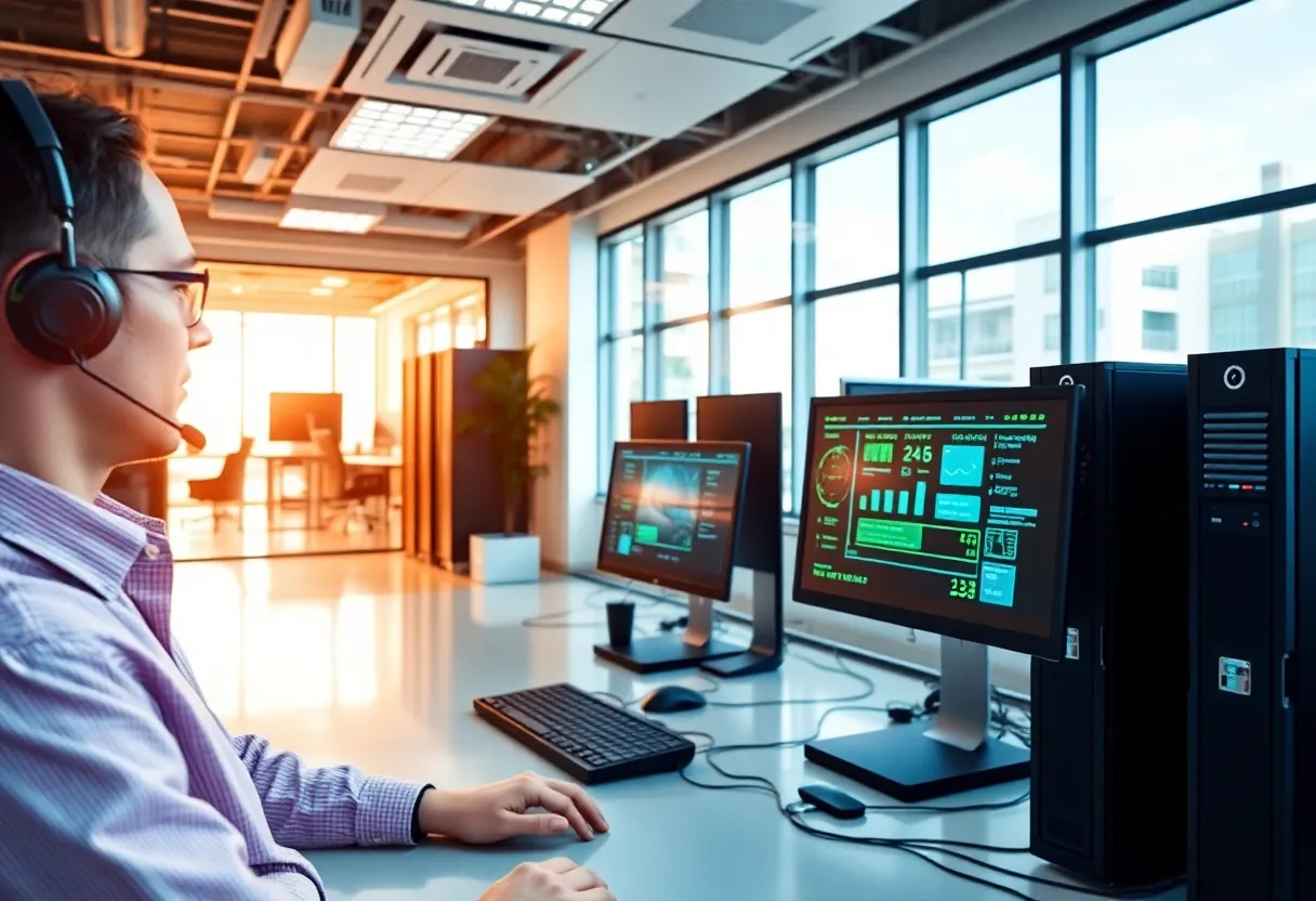 Office showcasing IT support services with technology and Florida scenery.