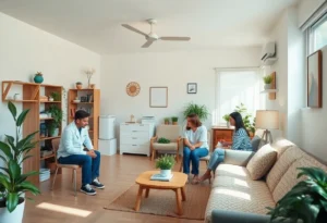 A calm and inviting mental health clinic space with professionals attending to clients.