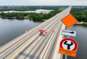 Shands Bridge under maintenance with traffic signs.