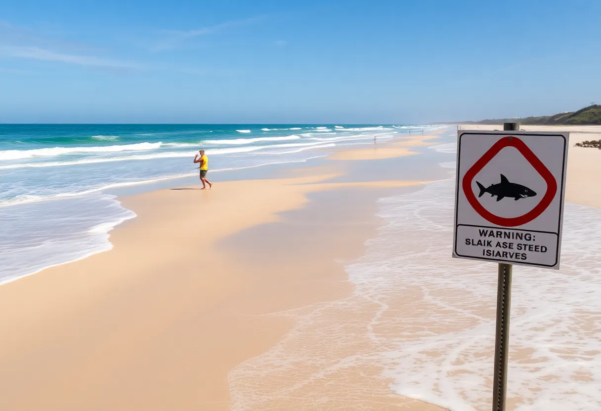 Beach scene on Australia’s east coast with shark warning signs