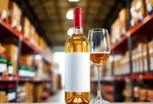 Wine bottle and glass in a distribution center