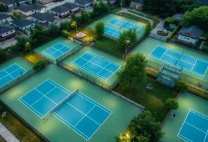 Aerial view of Southside Tennis Courts with people playing tennis and pickleball.