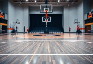 A basketball court showcasing players warming up in the background, reflecting the absence of a star player.