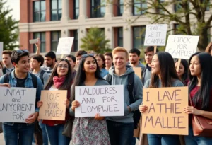 Students protesting outside a university building