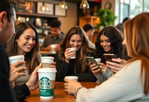 Customers enjoying Starbucks rewards in a coffee shop