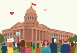 Illustration of a state government building with symbols of Medicaid and SNAP