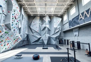Interior view of the new Stone Climbing facility in Jacksonville with climbing walls and fitness area.