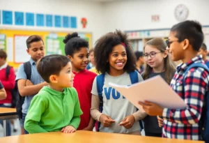 Students discussing civic engagement and voting responsibilities at school.