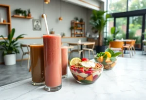 Interior and patio of SunLife Organics café in West Palm Beach