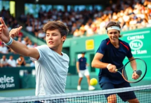 A thrilling tennis match at the Australian Open, showcasing competitive spirit.