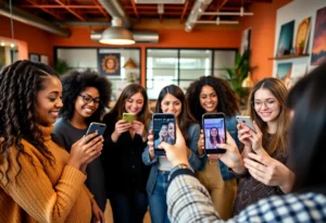 People engaging with TikTok in a modern office environment