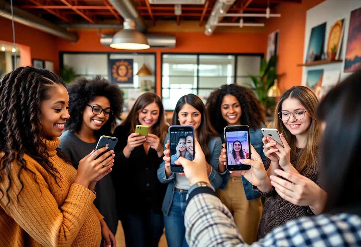 People engaging with TikTok in a modern office environment