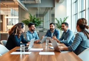 Entrepreneurs discussing and showcasing innovation in a business meeting.