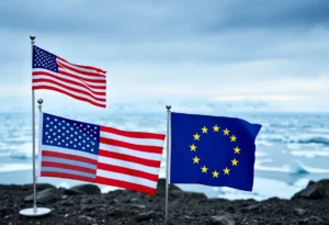 Symbolic representation of U.S. and European trade tensions over Greenland.