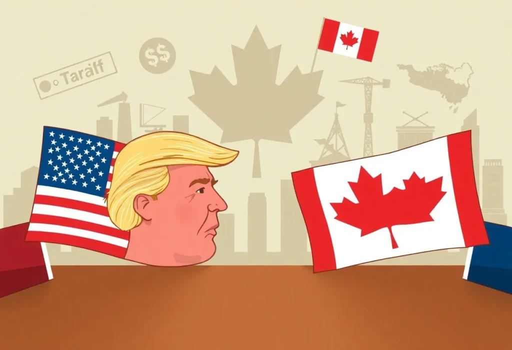 Illustration of trade tensions, showcasing tariffs and agreements.