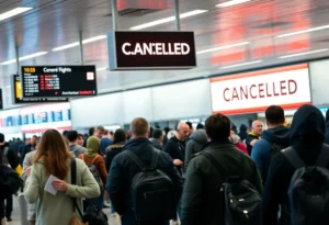 Crowded airport with stranded travelers due to flight cancellations