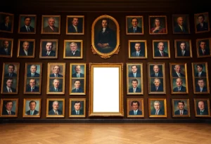 A display of presidential portraits with an empty space representing Trump's portrait.