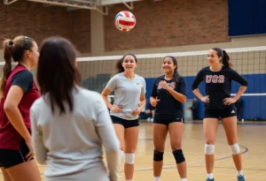 College volleyball team practicing in a supportive environment