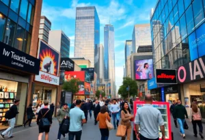 Cityscape illustrating economic growth with people shopping and investing in technology.