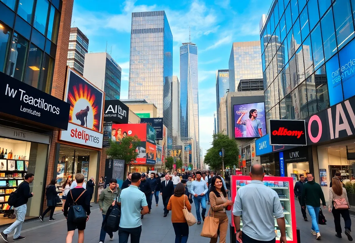 Cityscape illustrating economic growth with people shopping and investing in technology.
