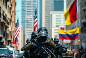 Illustration of military intervention in Venezuela with U.S. and Venezuelan flags