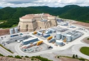 A mining facility for rare earth minerals in a natural landscape.