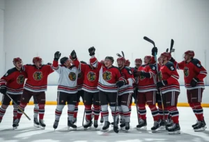 USA Hockey players celebrating their Olympic team selection on the rink.