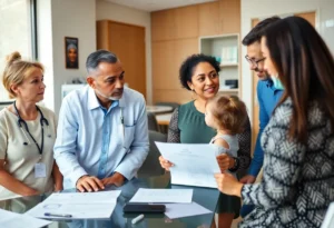 Parents discussing children's vaccination recommendations in a healthcare setting.