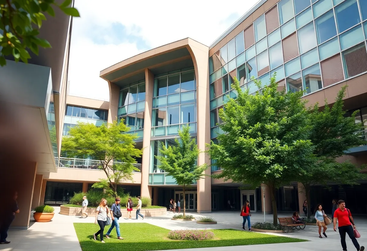 An artistic rendering of Vanderbilt University's new campus in West Palm Beach, showcasing modern design and students.