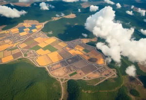 Aerial view of oil production facilities in Venezuela surrounded by natural landscapes.