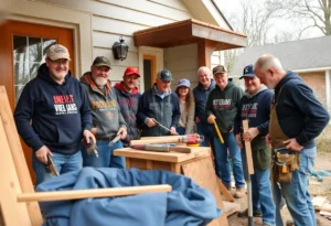 Volunteers working on home repairs for veterans in Jacksonville, with tools and materials visible.