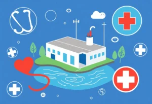 A wastewater treatment facility with public health symbols