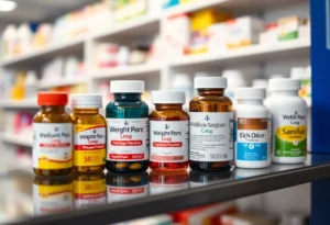 Display of weight-loss medications on a pharmacy shelf