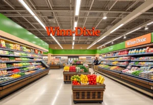 Interior view of a Winn-Dixie store featuring fresh produce and the new branding.