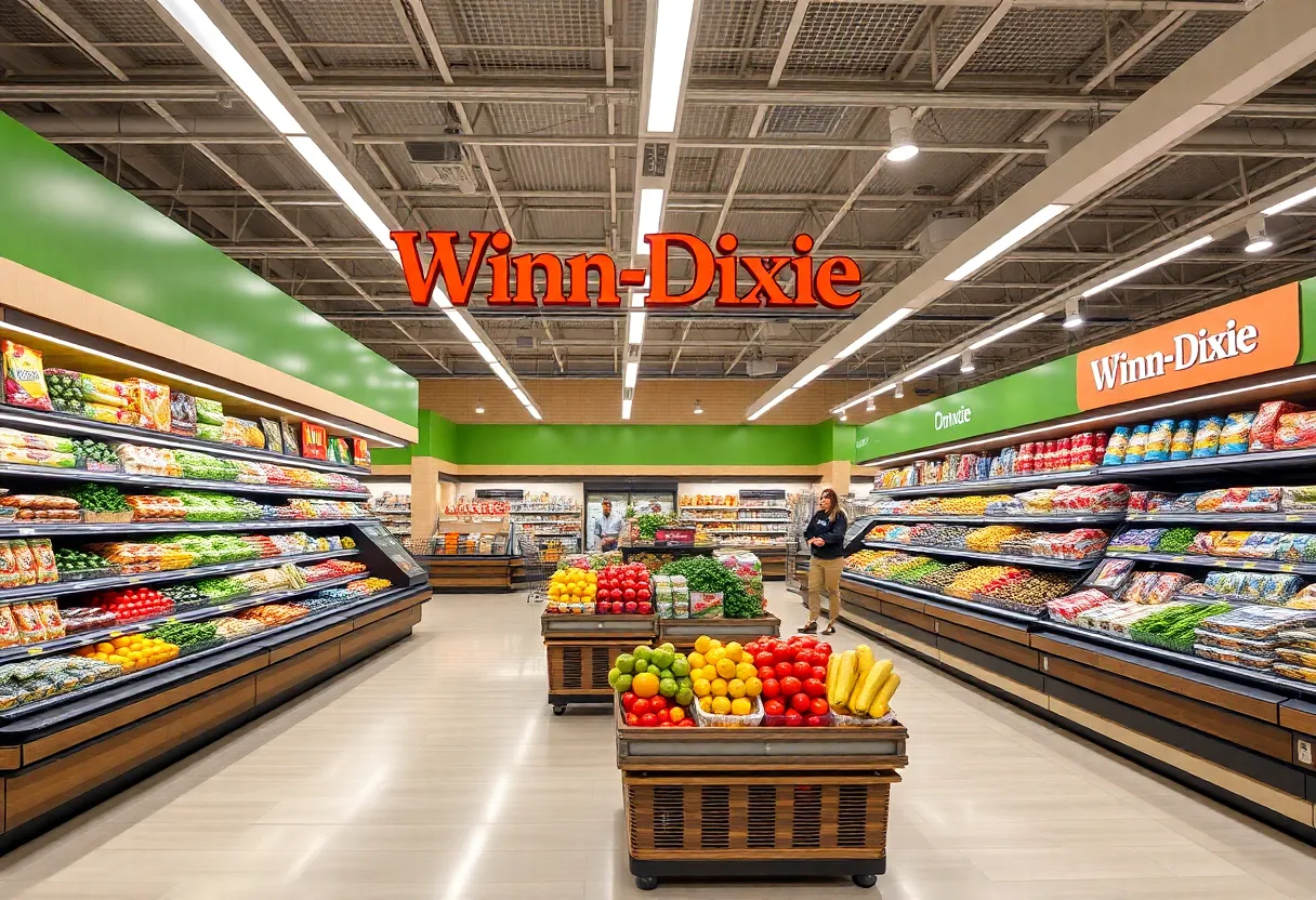 Interior view of a Winn-Dixie store featuring fresh produce and the new branding.