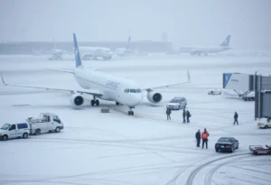 Heavy snow and ice at an airport causing flight disruptions